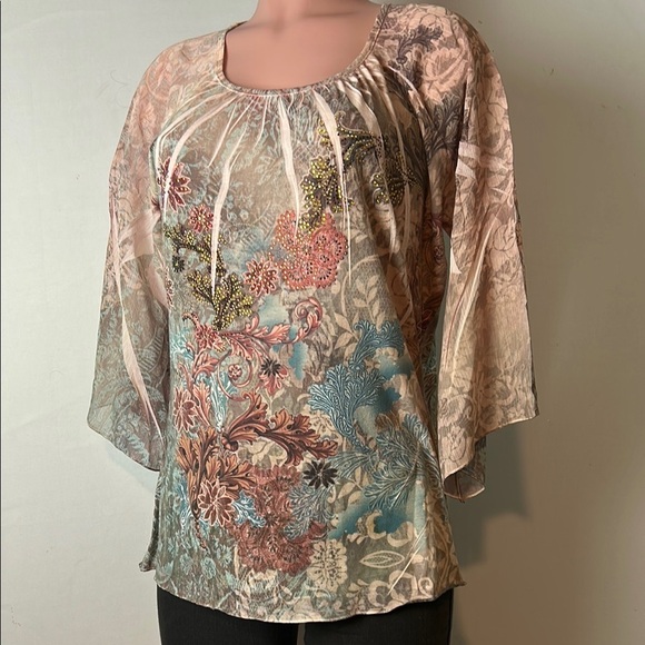 Chicos Women’s Top Shirt Tie Dye Embellished L3/4 Bell Sleeve Size 2(Large) - Picture 2 of 13